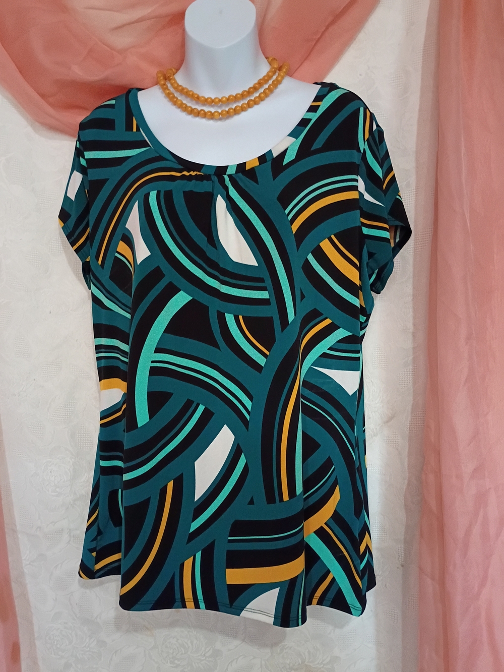 Worthington LadTeal Geometric Short Sleeve Top w/ Mustard Accents Sz XL